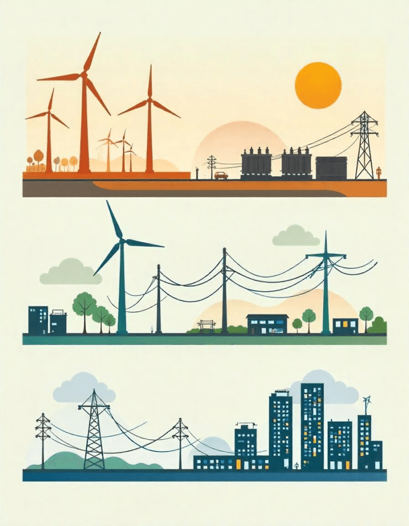 Imagem de desenho que mostra os três setores da indústria de energia elétrica: Geração, Transmissão e Distribuição.
